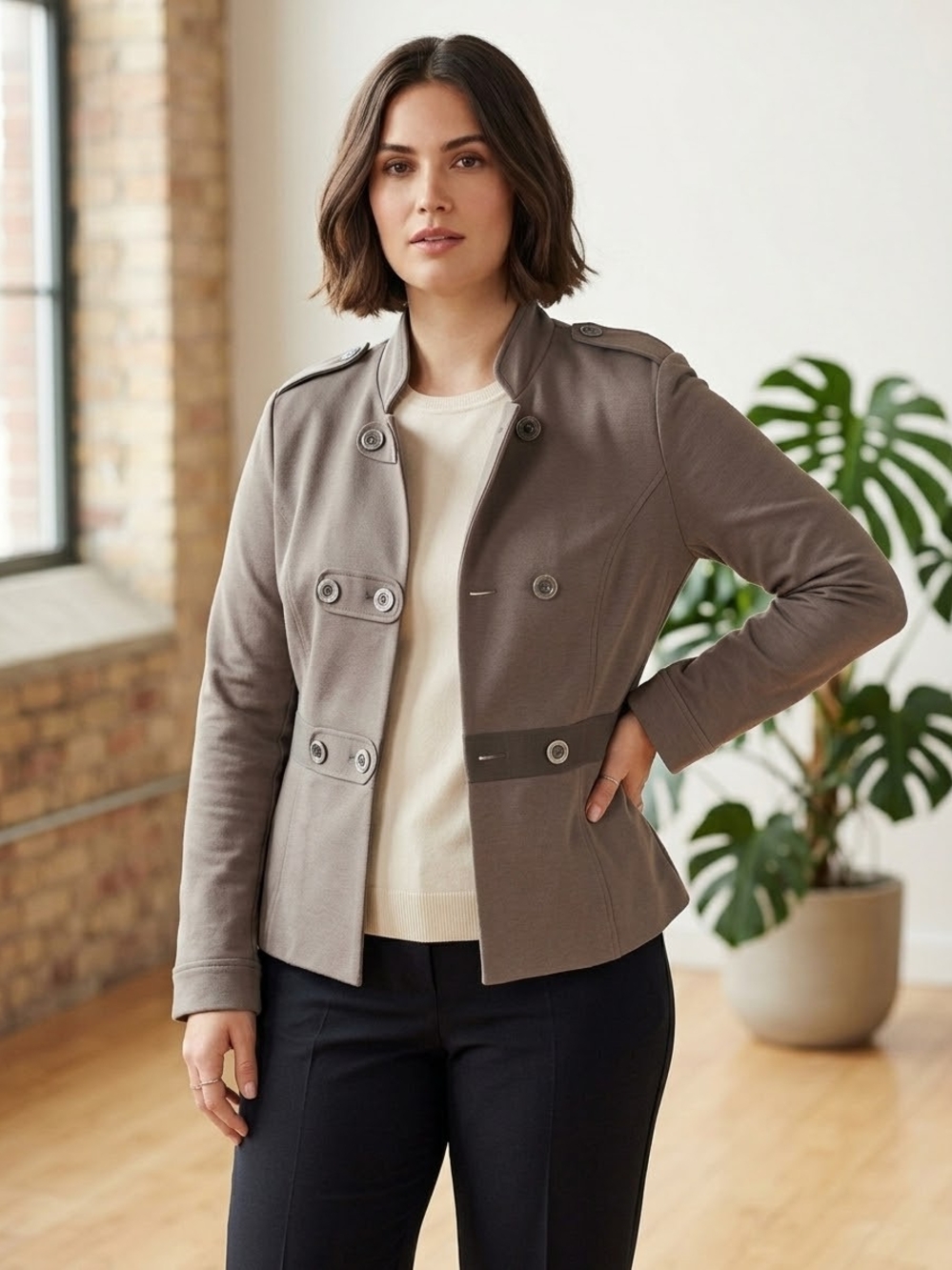 Alexandra Bartlett Taupe Fully Lined Double-Breasted Military Ponte Blazer
